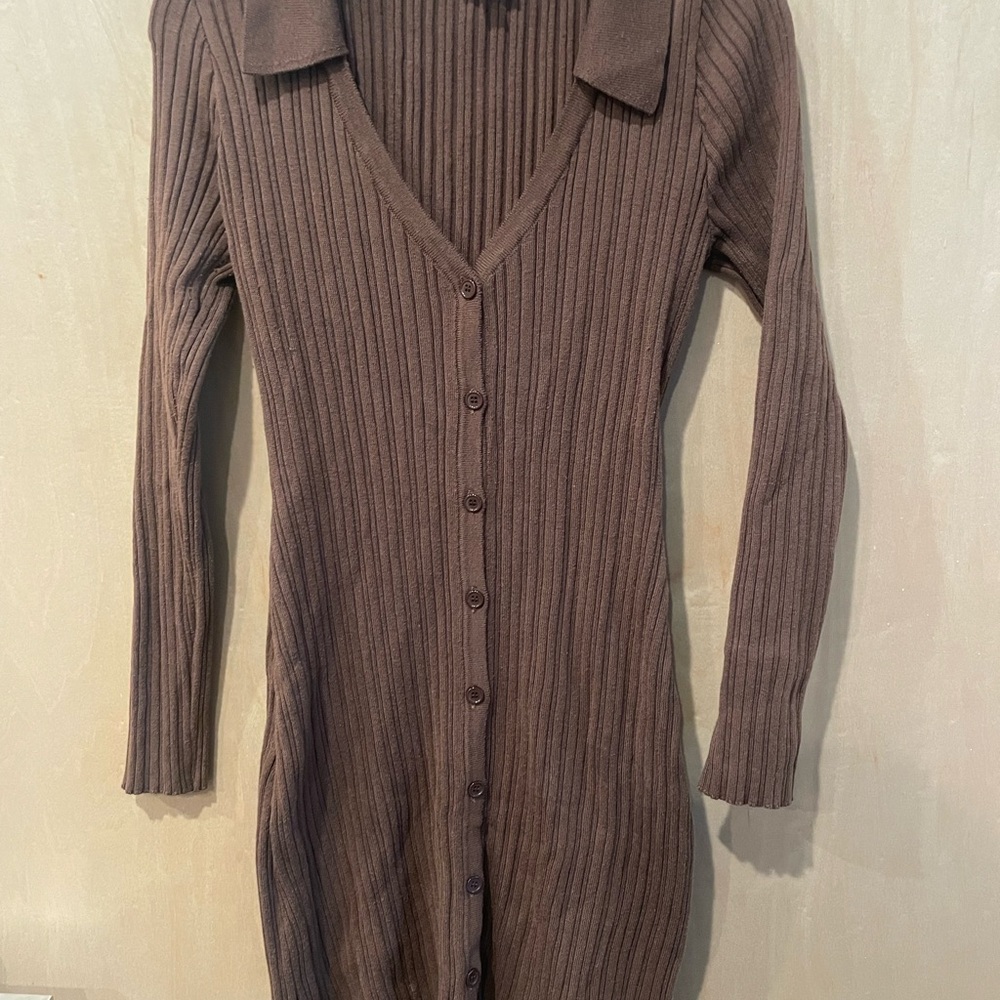 Brown Ribbed Knit Button-Up Dress